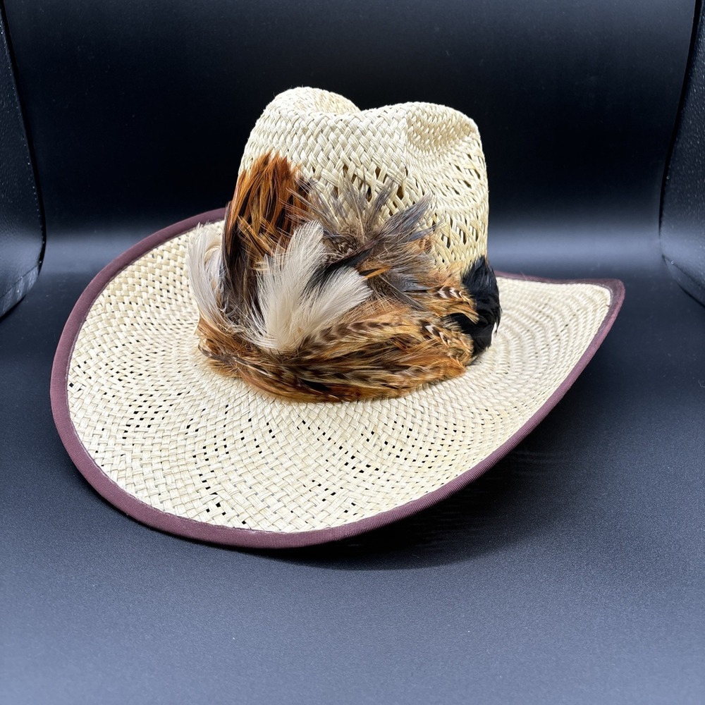 RESISTOL Stagecoach Straw Western Hat Beautiful Feathers "Self Conforming"
